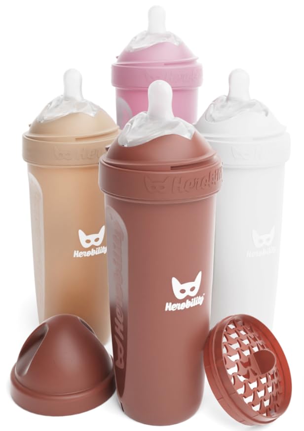 Herobility Anti-Colic Baby Bottles 8.5 fl oz/240ml - Pack of 4 Plastic Baby Bottles, Slow Flow Plastic Bottles, Breast-Shaped Teat for Breastfed Babies – Multicolor – White, Gray, Pink, Hawthorn Rose
