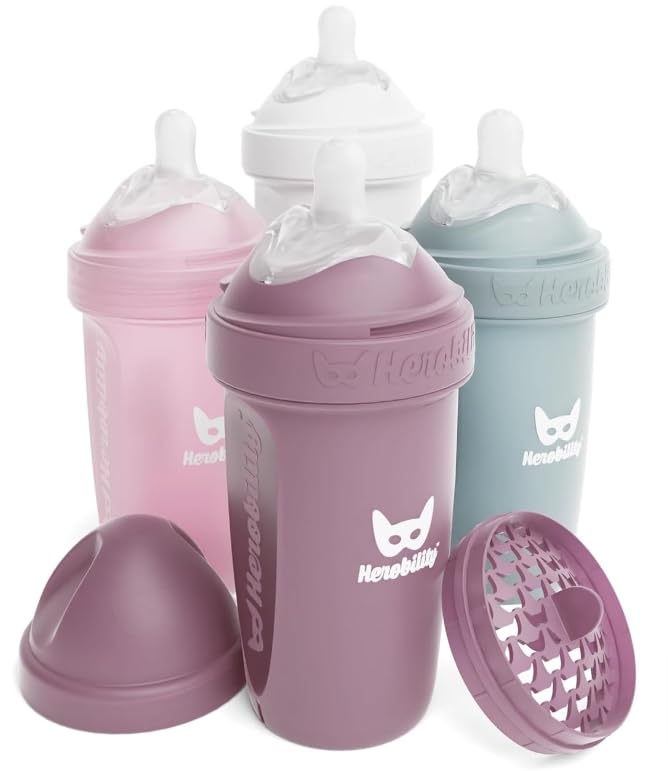 Herobility Anti-Colic Baby Bottles 8.5 fl oz/240ml - Pack of 4 Plastic Baby Bottles, Slow Flow Plastic Bottles, Breast-Shaped Teat for Breastfed Babies – Multicolor – White, Gray, Pink, Hawthorn Rose