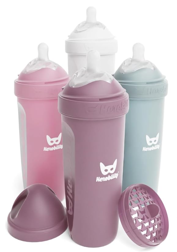 Herobility Anti-Colic Baby Bottles 8.5 fl oz/240ml - Pack of 4 Plastic Baby Bottles, Slow Flow Plastic Bottles, Breast-Shaped Teat for Breastfed Babies – Multicolor – White, Gray, Pink, Hawthorn Rose