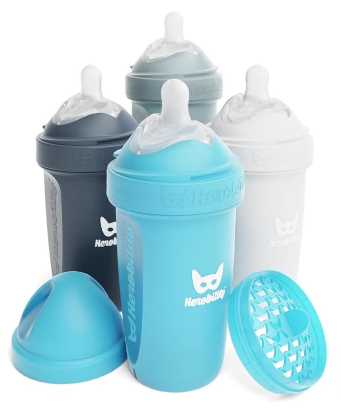 Herobility Anti-Colic Baby Bottles 8.5 fl oz/240ml - Pack of 4 Plastic Baby Bottles, Slow Flow Plastic Bottles, Breast-Shaped Teat for Breastfed Babies – Multicolor – White, Gray, Pink, Hawthorn Rose
