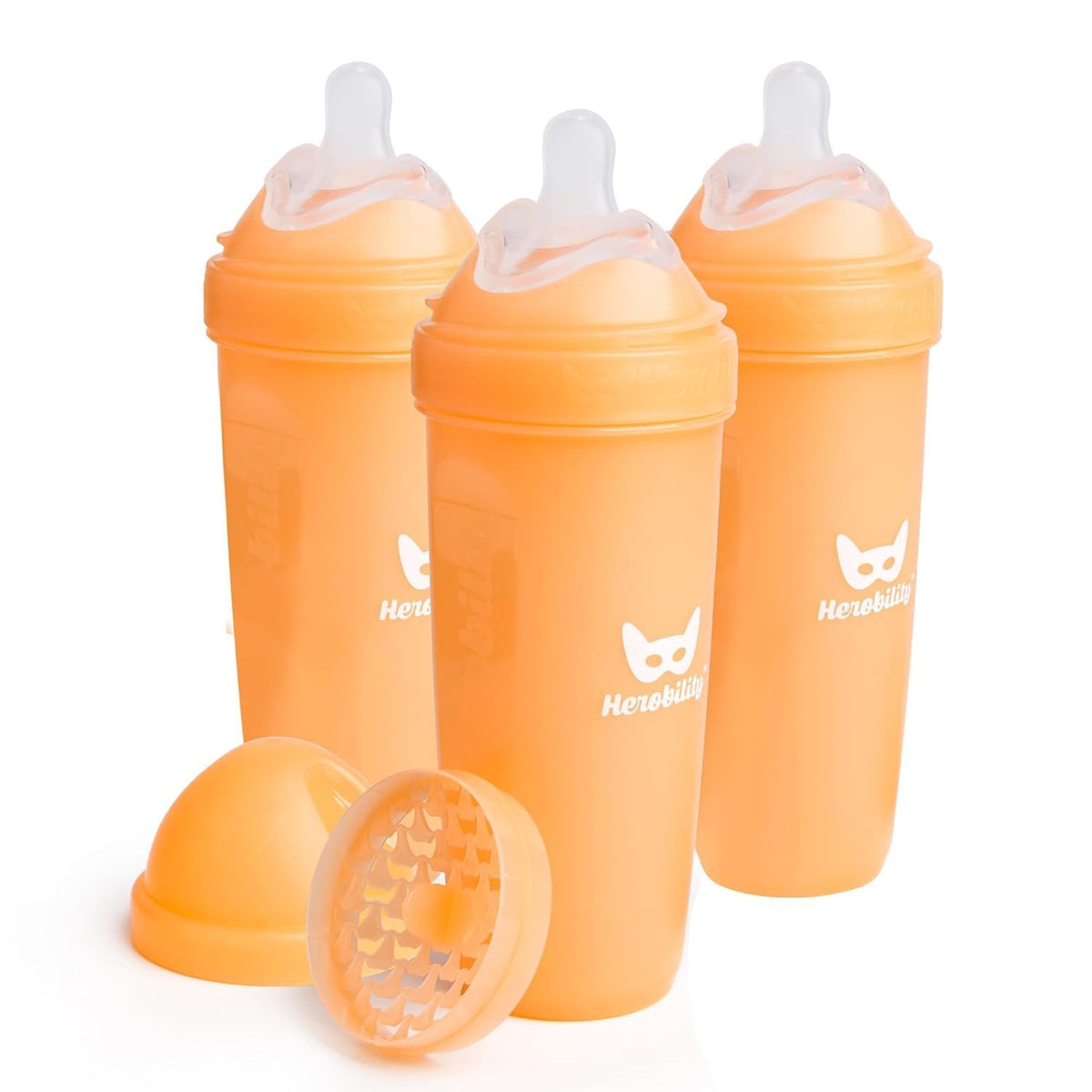 Herobility Anti-Colic Baby Bottles 8.5 fl oz/240ml - Pack of 4 Plastic Baby Bottles, Slow Flow Plastic Bottles, Breast-Shaped Teat for Breastfed Babies – Multicolor – White, Gray, Pink, Hawthorn Rose