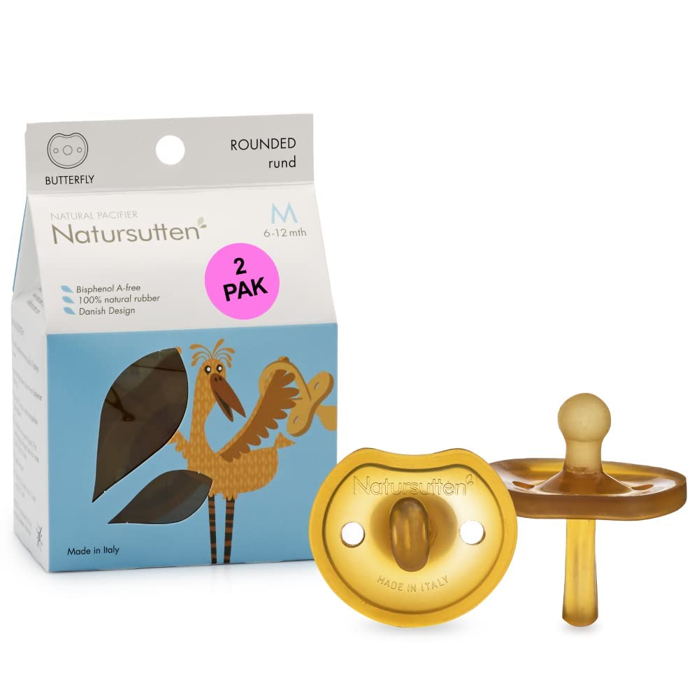 Natursutten 2-Pack Natural Rubber Pacifiers - Safe & Soft BPA-Free Pacifier for Breastfeeding Babies, Made in Italy, Butterfly Shield Orthodontic Nipple, 6-12 Months