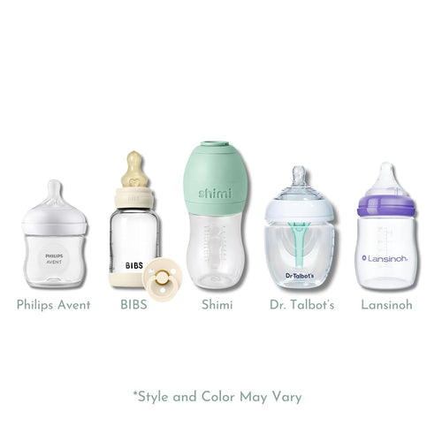 Baby Bottle Trial Pack Variety Box for Newborns – 5 Bottles & 1 Pacifier Featuring Bibs, Lansinoh, Philips Avent, Dr. Talbot's & Shimi – Anti-Colic, Breastfeeding-Friendly Registry Gift, Tiny Trials
