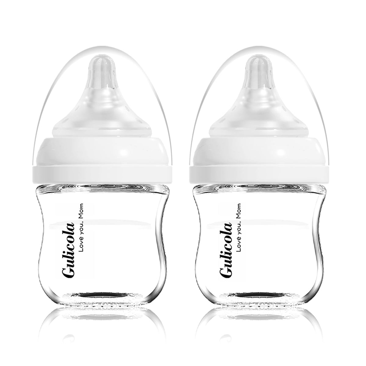 Gulicola Natural Glass Baby Bottle for Breastfeeding Babies, Newborn Anti-Colic Bottle Set with Slow Flow Nipple, 0-3 Months, 5 oz, 2 Pack - White