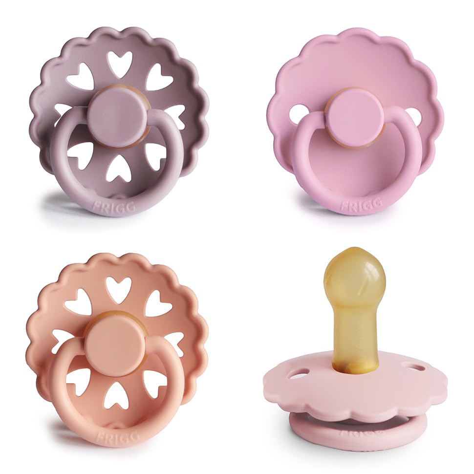 FRIGG Daisy Night Natural Rubber Baby Pacifier | Made in Denmark | BPA-Free (Blush/Cream, 6-18 Months) 2-Pack