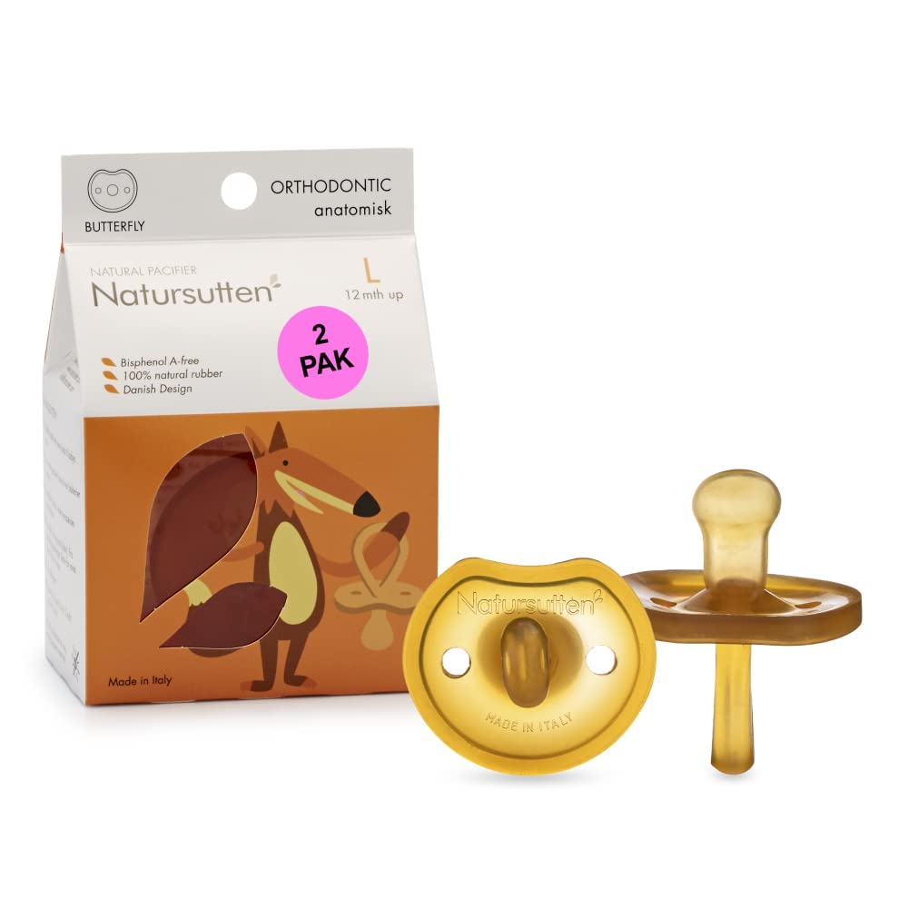 Natursutten 2-Pack Natural Rubber Pacifiers - Safe & Soft BPA-Free Pacifier for Breastfeeding Babies, Made in Italy, Butterfly Shield Orthodontic Nipple, 6-12 Months