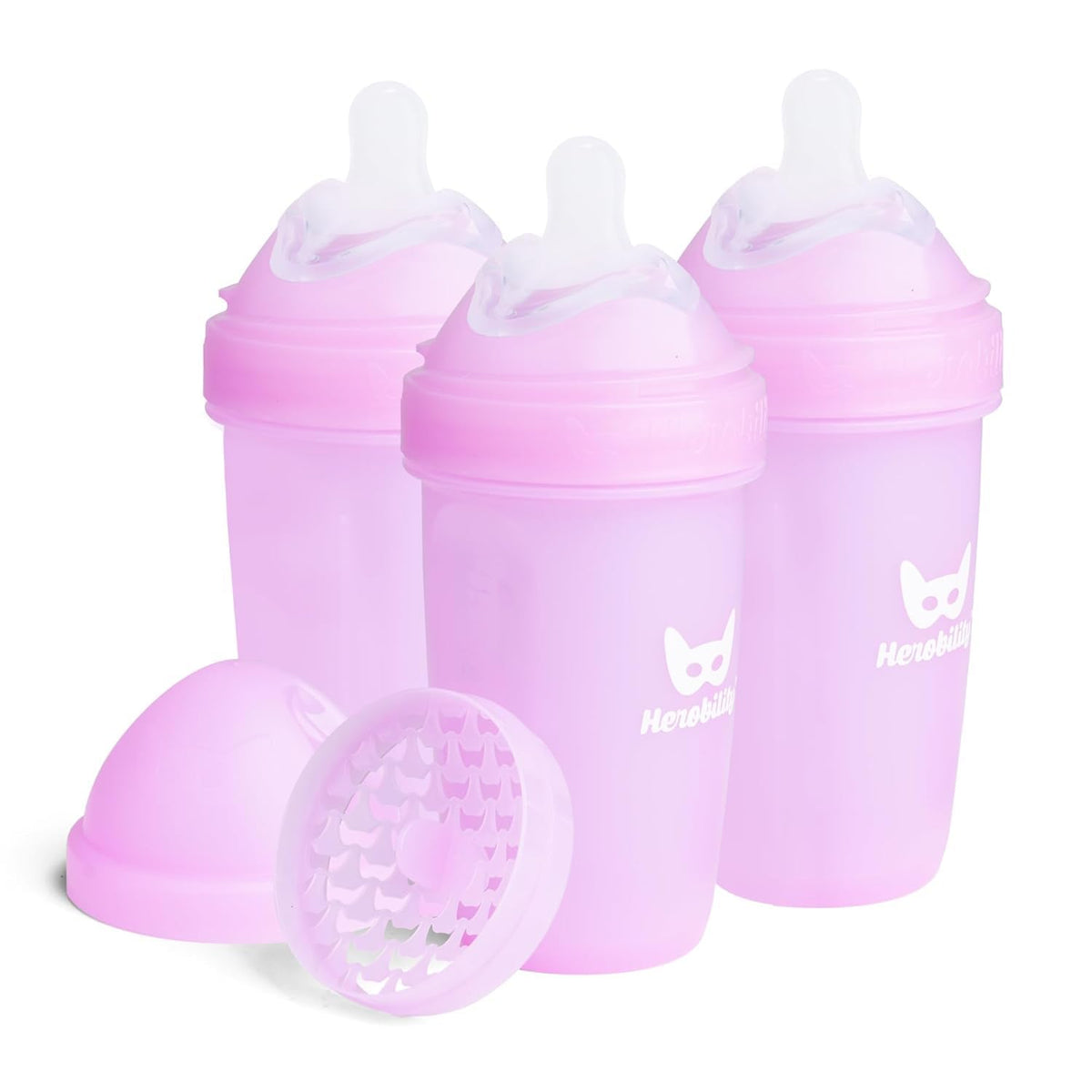 Herobility Anti-Colic Baby Bottles 8.5 fl oz/240ml - Pack of 4 Plastic Baby Bottles, Slow Flow Plastic Bottles, Breast-Shaped Teat for Breastfed Babies – Multicolor – White, Gray, Pink, Hawthorn Rose