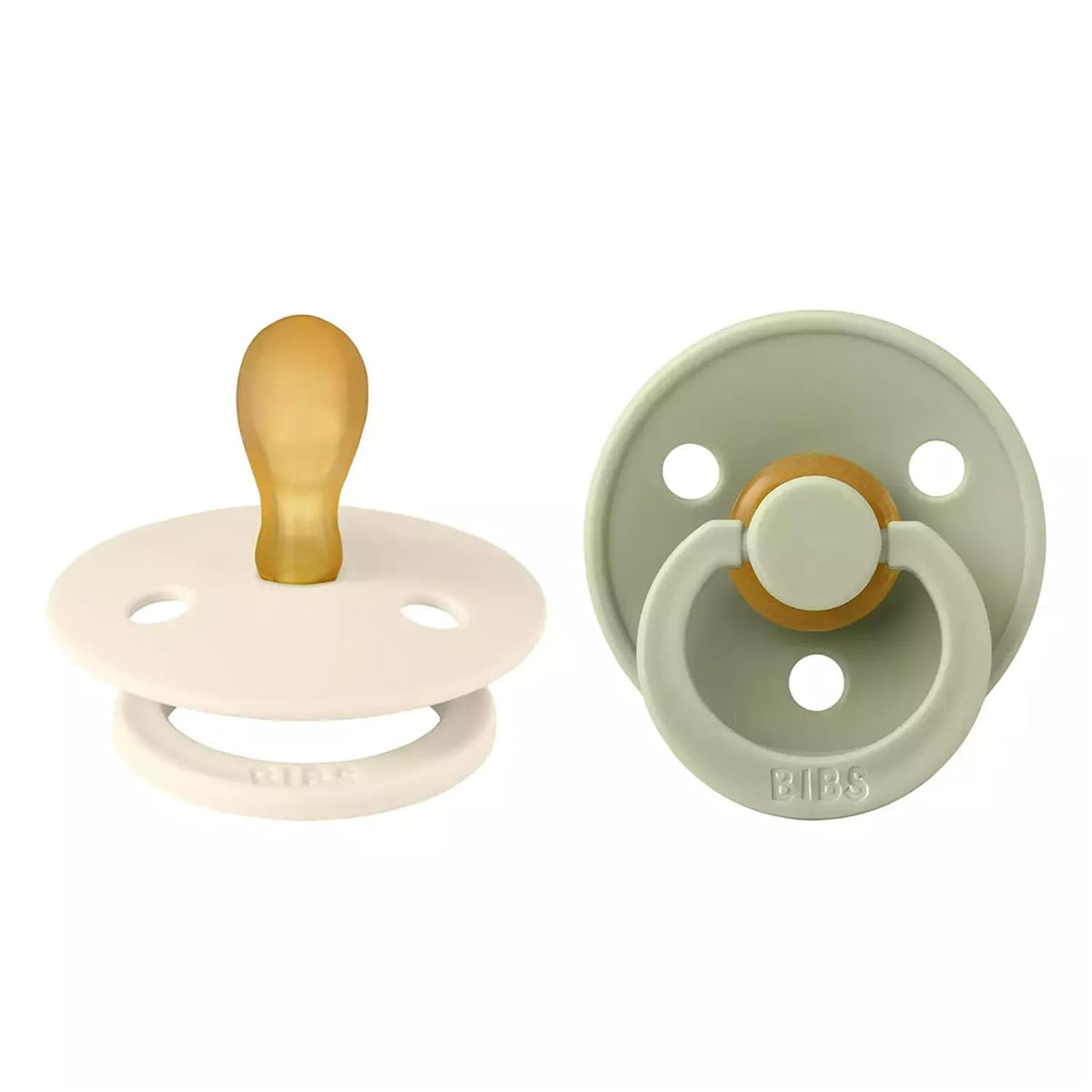 BIBS Pacifiers Colour Collection | Natural Rubber Baby Pacifier | Round Nipple | Set of 2 BPA-Free Soothers | Made in Denmark | 0+ Months (Pack of 2) | Sage/Ivory