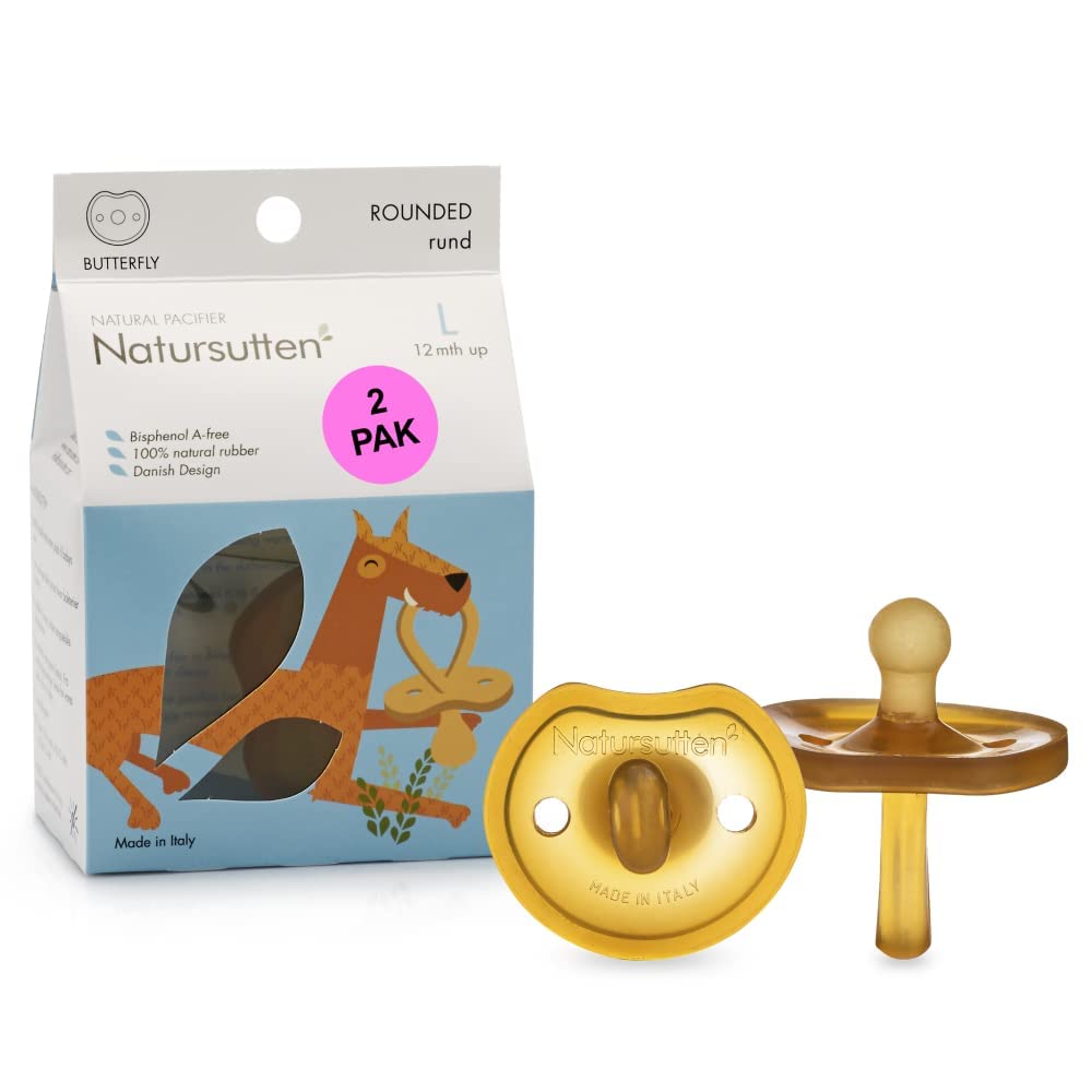 Natursutten 2-Pack Natural Rubber Pacifiers - Safe & Soft BPA-Free Pacifier for Breastfeeding Babies, Made in Italy, Butterfly Shield Orthodontic Nipple, 6-12 Months