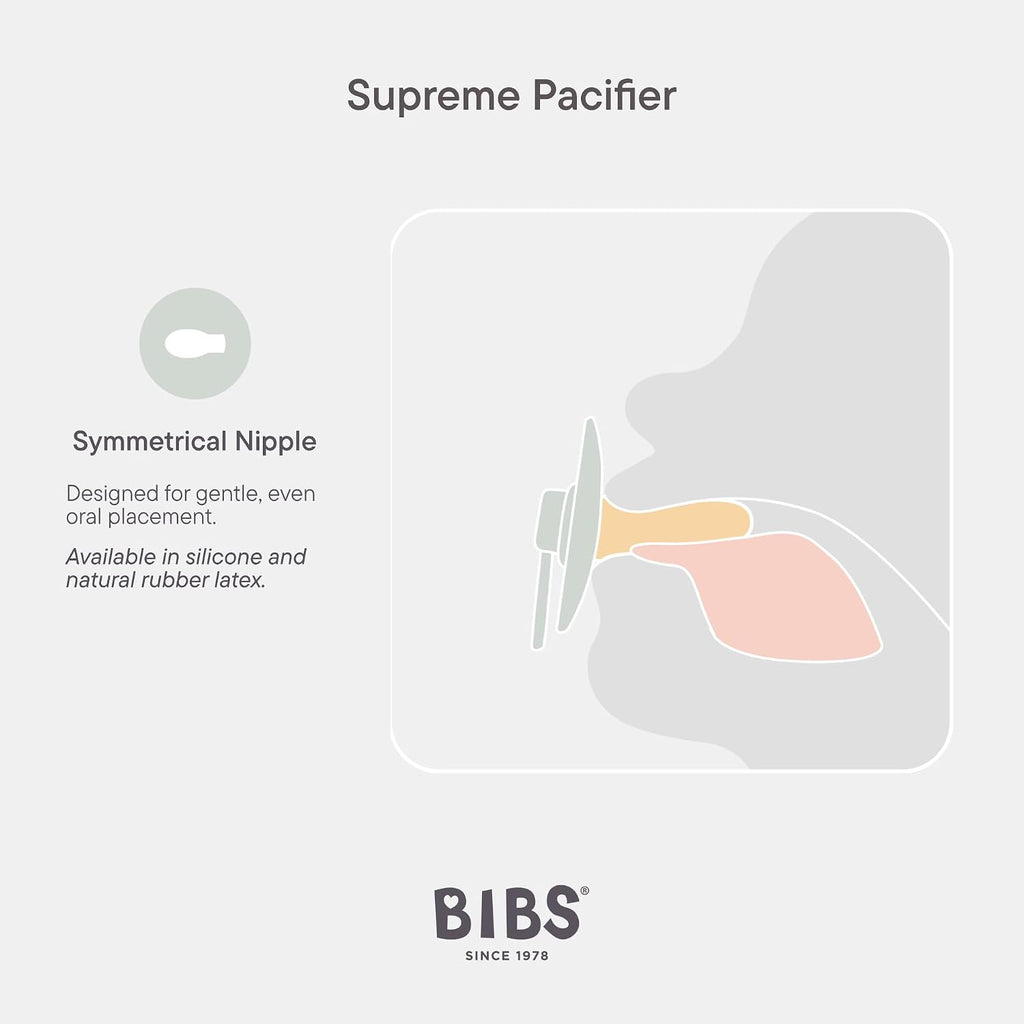 BIBS Pacifiers - Supreme Collection | Symmetrical Nipple | Silicone | Made in Denmark | Set of 2 Ivory/Sage Color Premium Soothers | Size 6-18 Months