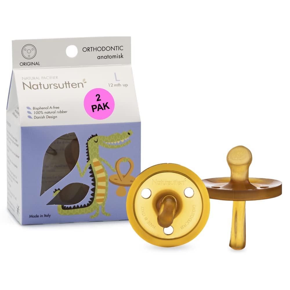 Natursutten 2-Pack Natural Rubber Pacifiers - Safe & Soft BPA-Free Pacifier for Breastfeeding Babies, Made in Italy, Butterfly Shield Orthodontic Nipple, 6-12 Months