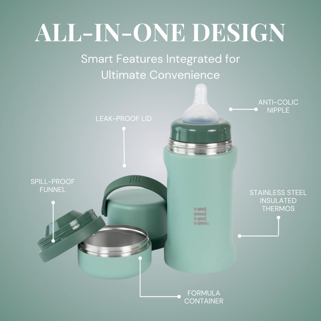 Jili All-in-One Baby Bottle, Insulated Stainless Steel Bottle with Formula Container, Anti-Colic Nipple, and Leak-Proof Lid, Baby Essentials for Travel, BPA and Phthalates-Free, Sage, 8 oz.