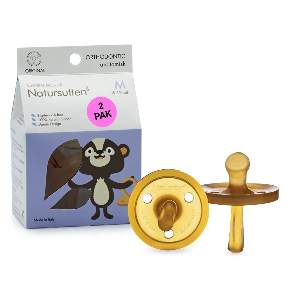 Natursutten 2-Pack Natural Rubber Pacifiers - Safe & Soft BPA-Free Pacifier for Breastfeeding Babies, Made in Italy, Butterfly Shield Orthodontic Nipple, 6-12 Months