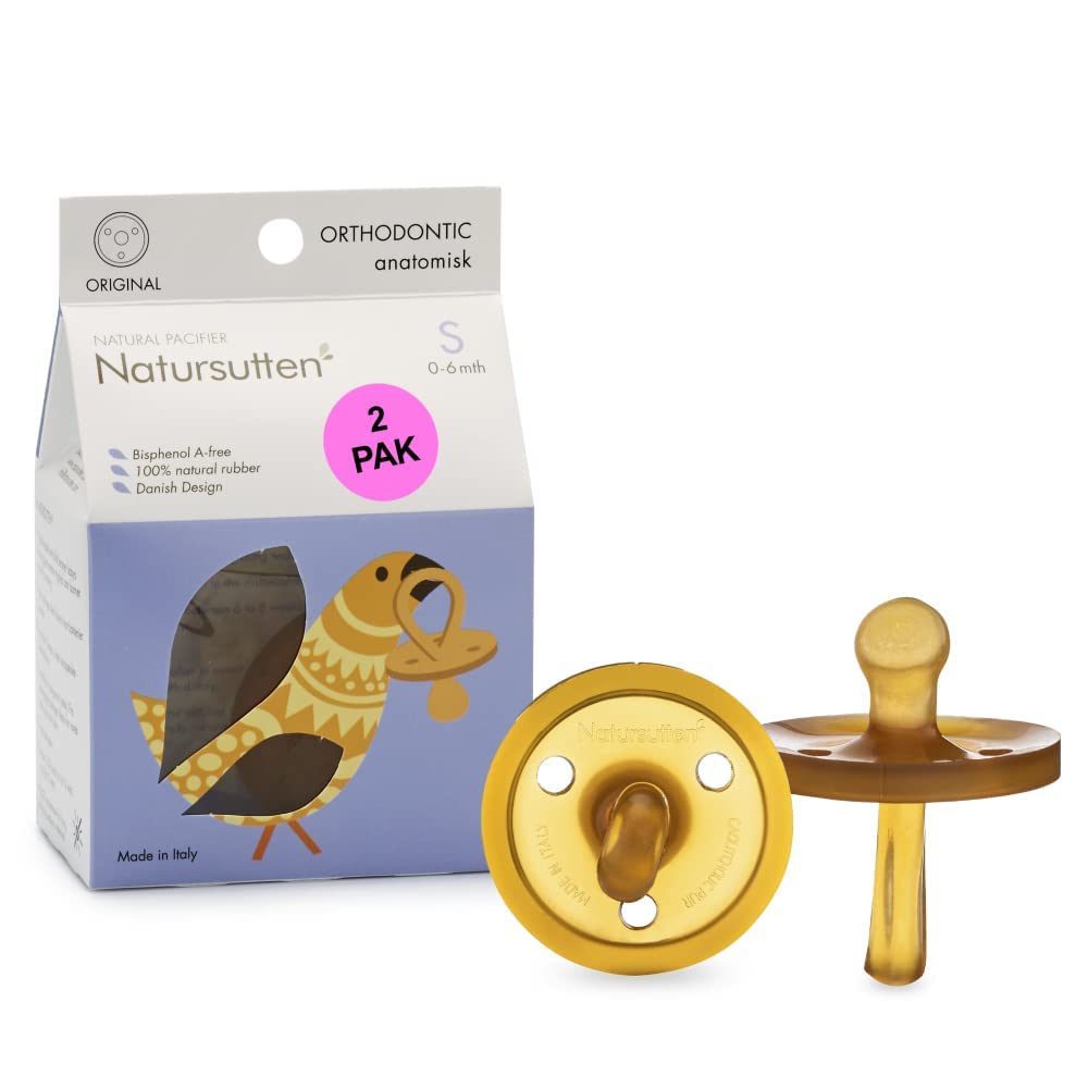 Natursutten 2-Pack Natural Rubber Pacifiers - Safe & Soft BPA-Free Pacifier for Breastfeeding Babies, Made in Italy, Butterfly Shield Orthodontic Nipple, 6-12 Months