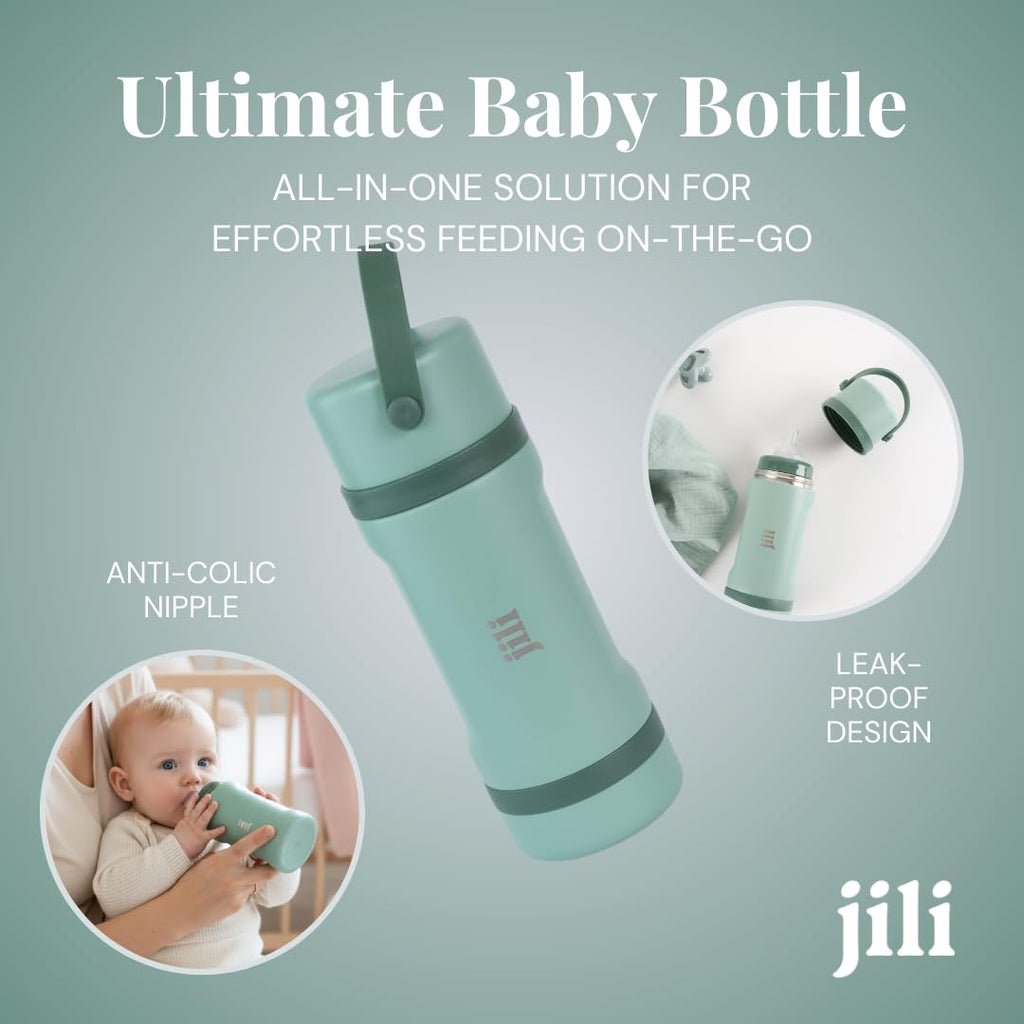 Jili All-in-One Baby Bottle, Insulated Stainless Steel Bottle with Formula Container, Anti-Colic Nipple, and Leak-Proof Lid, Baby Essentials for Travel, BPA and Phthalates-Free, Sage, 8 oz.