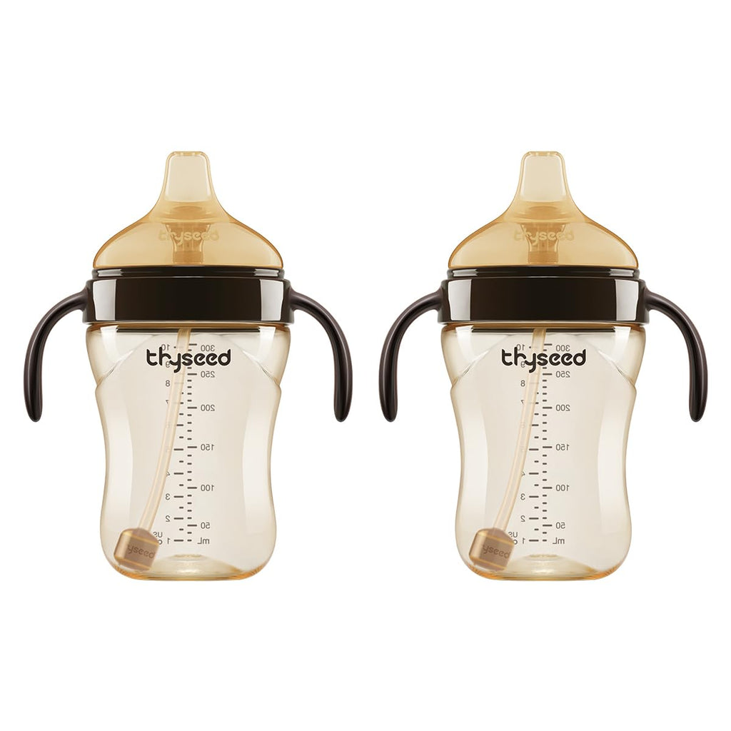 Thyseed PPSU Weighted Straw Cup with Handles Toddlers Transition Bottles to Sippy Cups No Spill Learner Milk Water Baby Bottle Soft Silicone Spout Dishwasher Safe BPA Free 6+ Months 10oz/300mL