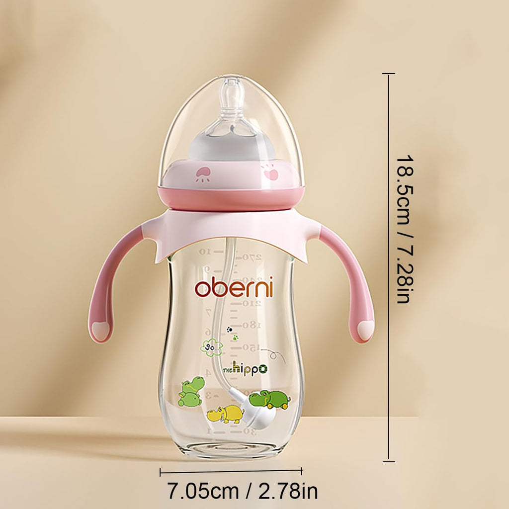 Oberni Baby Bottles, Weighted Straw Toddler Milk Bottles with Non-Slip Handle, Size + Variable Fast Flow, 12+ Months, BPA-Free, Blue/2Pack/9oz