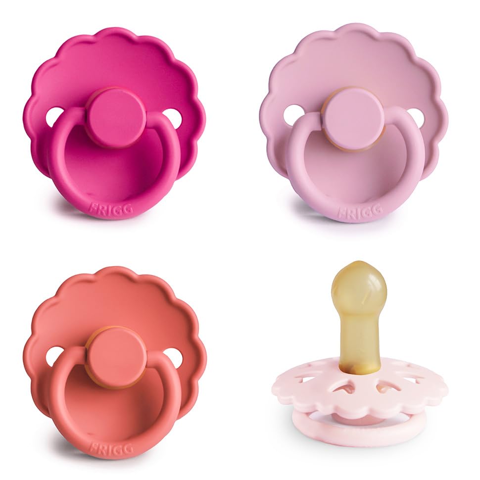 FRIGG Daisy Night Natural Rubber Baby Pacifier | Made in Denmark | BPA-Free (Blush/Cream, 6-18 Months) 2-Pack