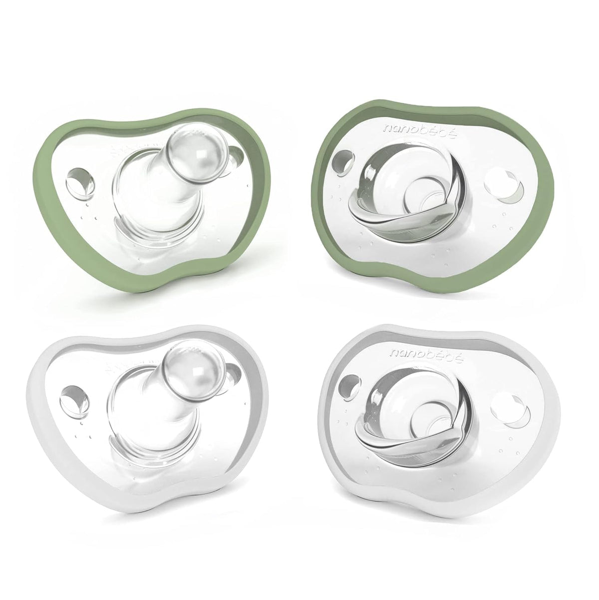 Nanobebe Baby Pacifiers 0-3 Month - Orthodontic, Curves Comfortably with Face Contour, Award Winning for Breastfeeding Babies, 100% Silicone, Baby Registry Gift 4pk,Pink/Grey