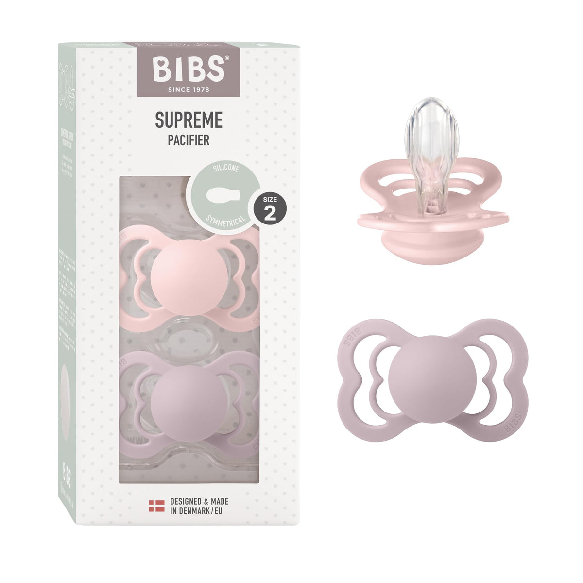 BIBS Pacifiers - Supreme Collection | Symmetrical Nipple | Silicone | Made in Denmark | Set of 2 Ivory/Sage Color Premium Soothers | Size 6-18 Months