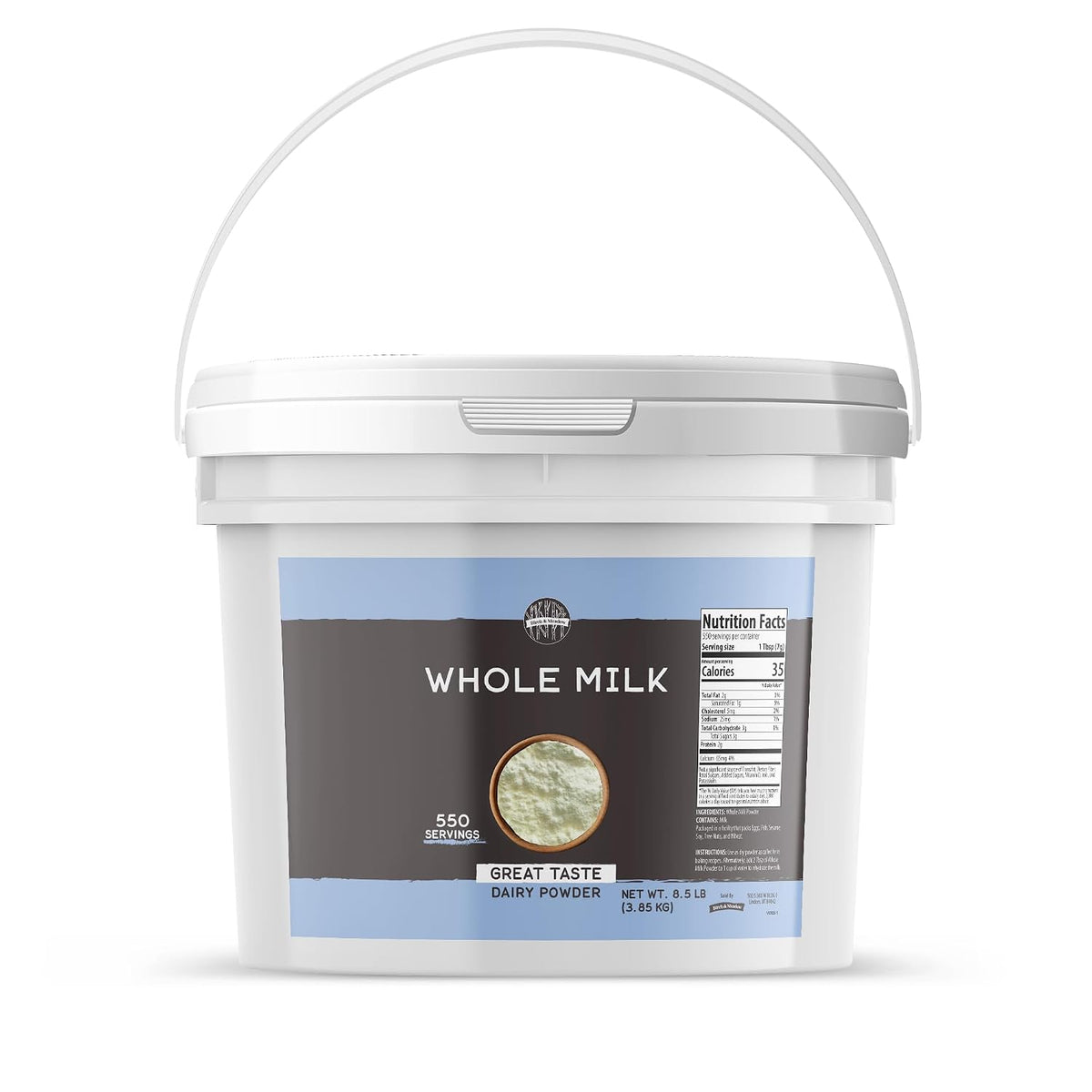 Birch & Meadow 2 Gallon Bucket of Whole Milk Powder, Light Sweet Taste (136 Ounce)