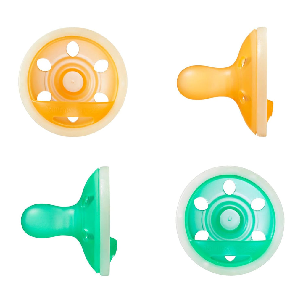 Tommee Tippee Breast-Like Night Pacifier, 6-18 Months, Breast-Like Baglet, BPA-Free Binkies, Glow in The Dark Technology, Yellow/Green, Pack of 4