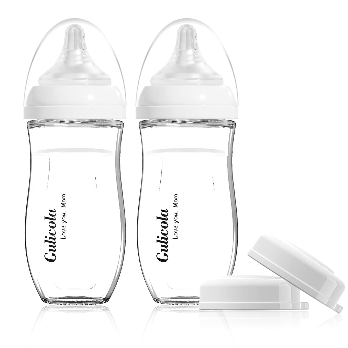 Gulicola Natural Glass Baby Bottle for Breastfeeding Babies, Newborn Anti-Colic Bottle Set with Slow Flow Nipple, 0-3 Months, 5 oz, 2 Pack - White