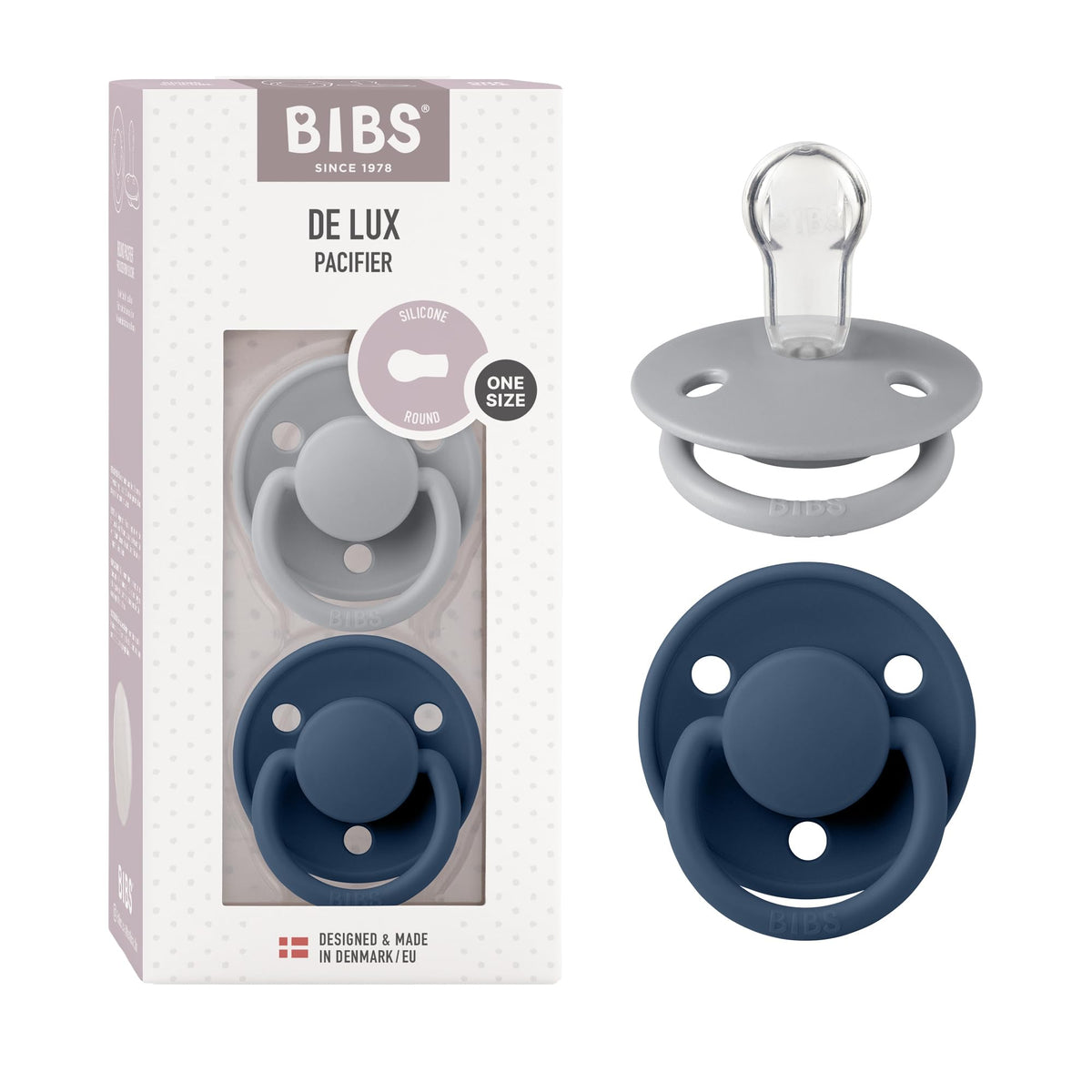 BIBS Pacifiers - De Lux Collection | BPA-Free Round Nipple | Silicone | Made in Denmark | Set of 2 Blush Night/Vanilla Night Color Premium Soothers | Size One Size