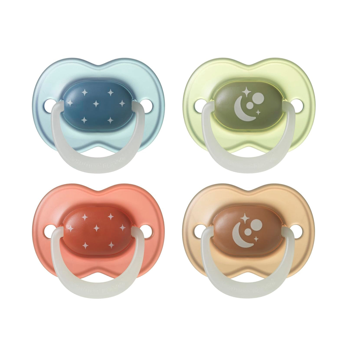 Tommee Tippee Night Time Pacifier, 6-18 Months, Symmetrical Silicone Baglet, BPA-Free Binkies, Glow in The Dark Technology, Blue Rainbow, Pack of 6