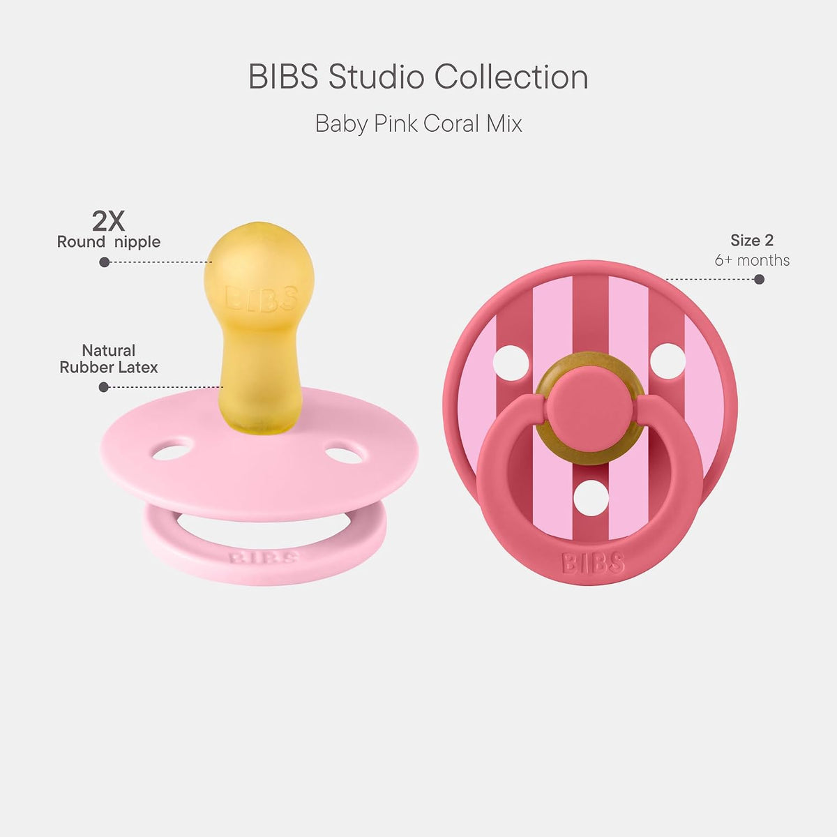 BIBS Colour Pacifier, 6-18 Months, 2-Pack, Round, Block Baby Pink Coral
