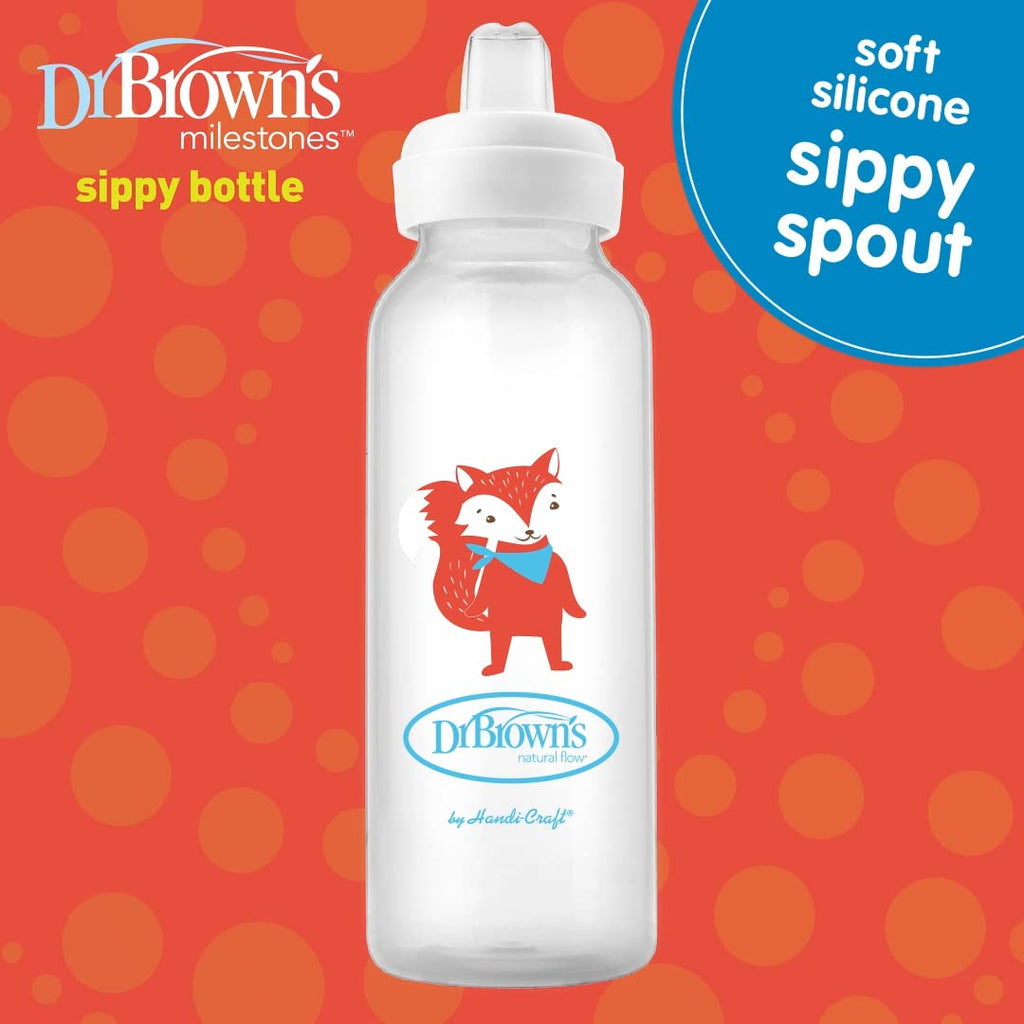 Dr. Brown's Narrow Sippy Spout Bottle, Fox & Lion, 8 oz, 2-Pack