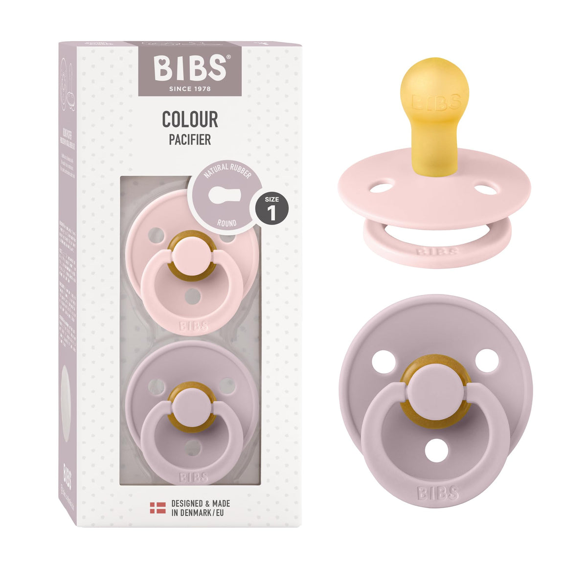 BIBS Pacifiers Colour Collection | Natural Rubber Baby Pacifier | Set of 2 BPA-Free Soothers | Made in Denmark | 0+ Months (Pack of 2) | Blush/Ivory