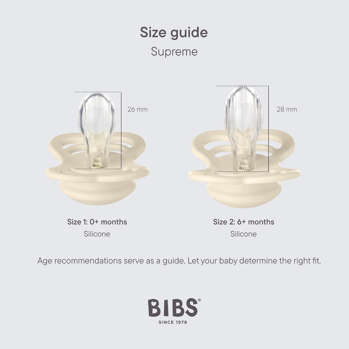 BIBS Pacifiers - Supreme Collection | Symmetrical Nipple | Silicone | Made in Denmark | Set of 2 Ivory/Sage Color Premium Soothers | Size 6-18 Months