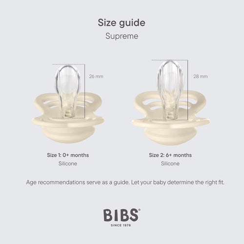BIBS Pacifiers - Supreme Collection | Symmetrical Nipple | Silicone | Made in Denmark | Set of 2 Ivory/Sage Color Premium Soothers | Size 6-18 Months