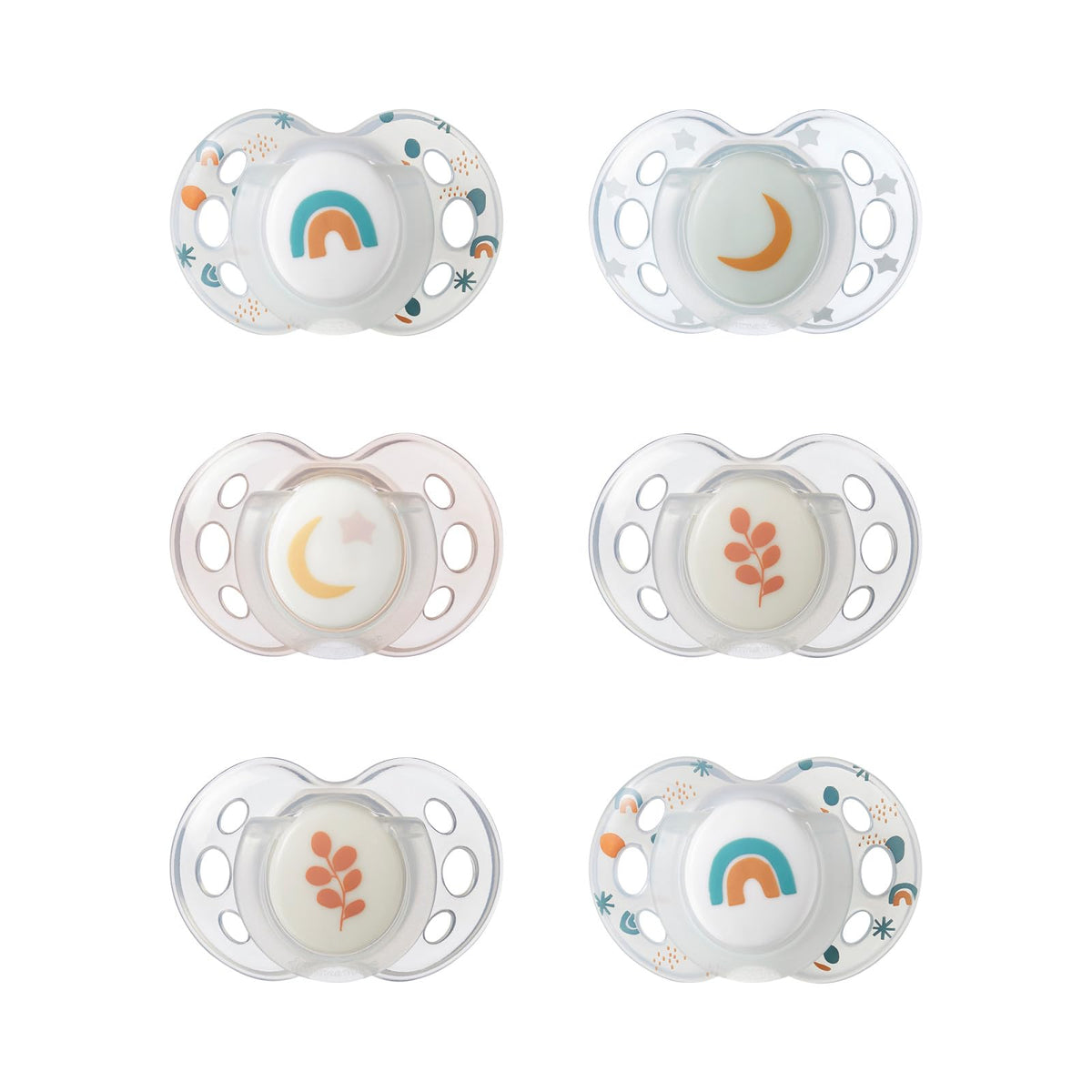 Tommee Tippee Night Time Pacifier, 18-36 Months, Symmetrical Silicone Baglet, BPA-Free Binkies, Glow in The Dark Technology, Green Rainbow, Pack of 6