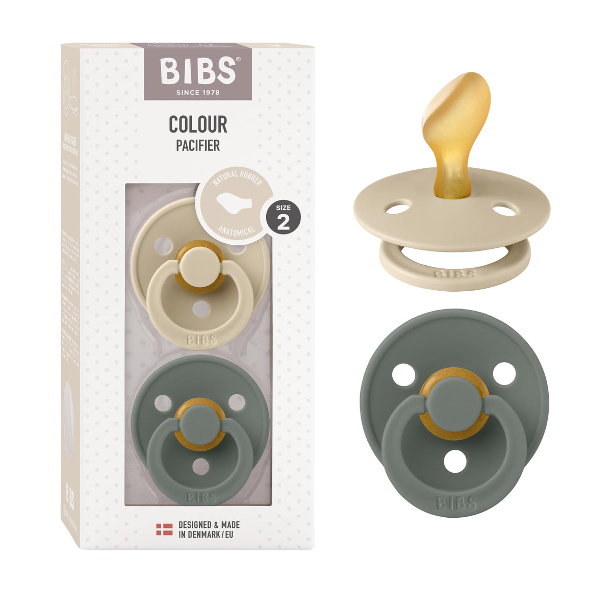 BIBS Pacifiers - Set of 2 | Colour Pacifier with Anatomical Nipple | BPA-Free Natural Rubber | Made in Denmark | Ivory/Blush, 0-6 Months