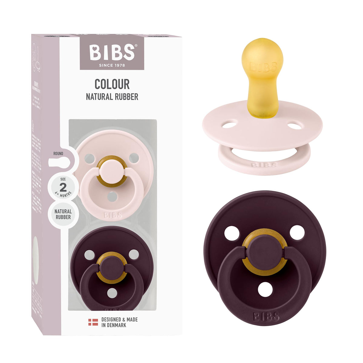 BIBS Pacifiers Colour Collection | Natural Rubber Baby Pacifier | Set of 2 BPA-Free Soothers | Made in Denmark | 0+ Months (Pack of 2) | Blush/Ivory