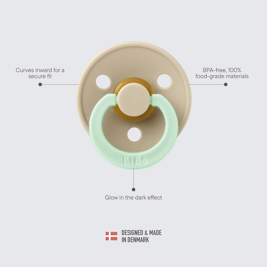 BIBS Pacifiers 0-6 Months | 2-Pack Soothers | Symmetrical Nipple | BPA-Free Natural Rubber | Made in Denmark | Blush Glow/Vanilla Glow Colour Pacifier