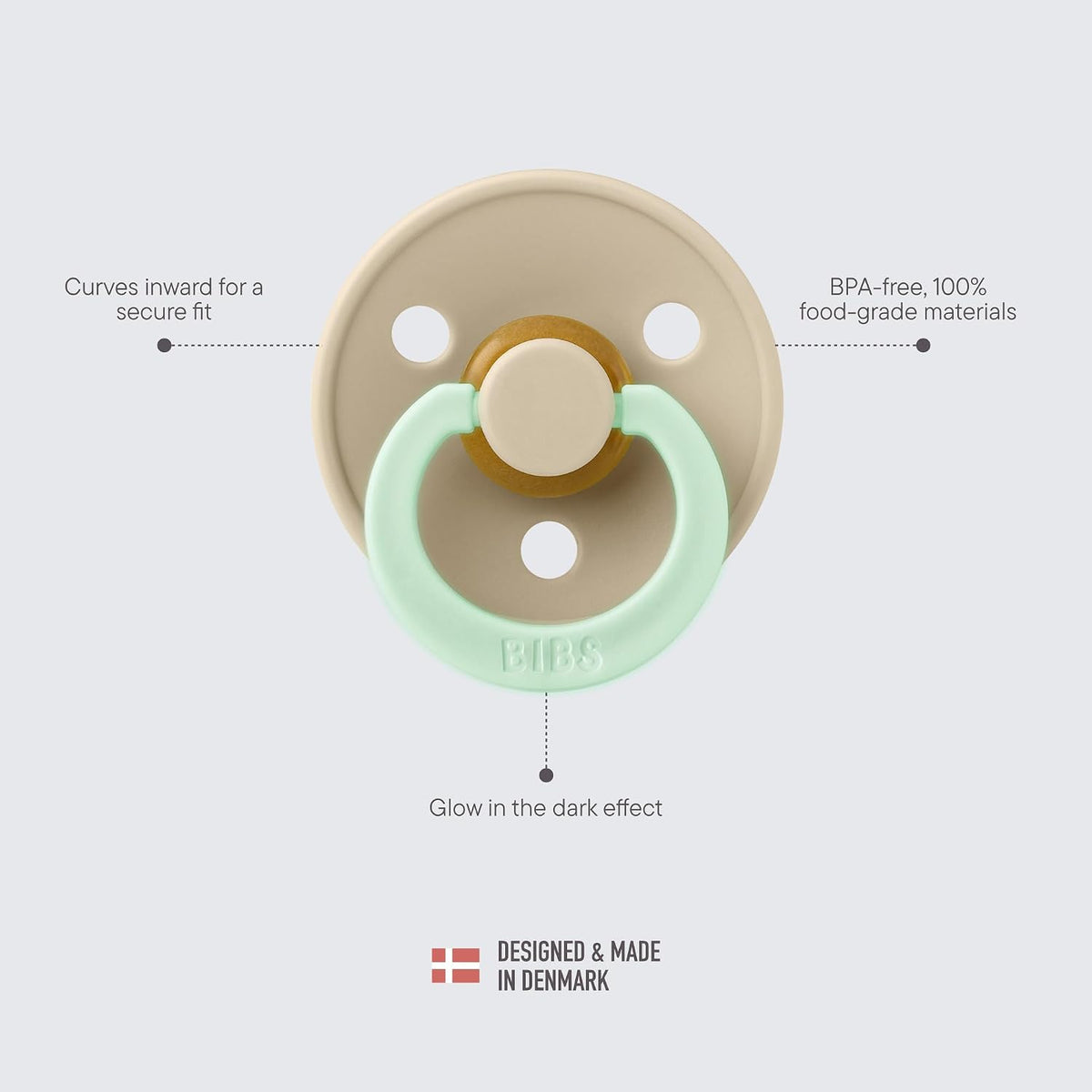 BIBS Pacifiers 0-6 Months | 2-Pack Soothers | Symmetrical Nipple | BPA-Free Natural Rubber | Made in Denmark | Blush Glow/Vanilla Glow Colour Pacifier