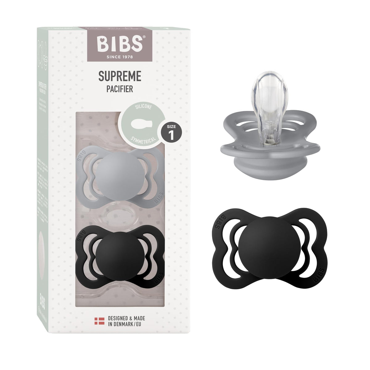 BIBS Pacifiers - Supreme Collection | Symmetrical Nipple | Silicone | Made in Denmark | Set of 2 Ivory/Sage Color Premium Soothers | Size 6-18 Months