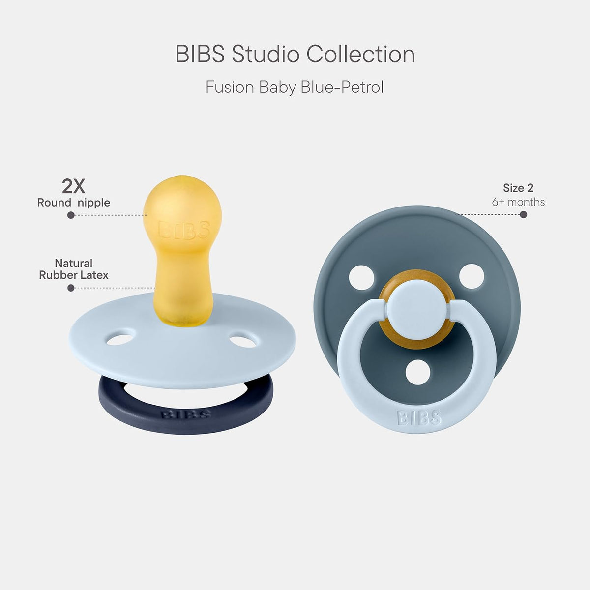 BIBS Colour Fusion Pacifier, 6-18 Months, 2-Pack, Round, Baby Blue/Petrol