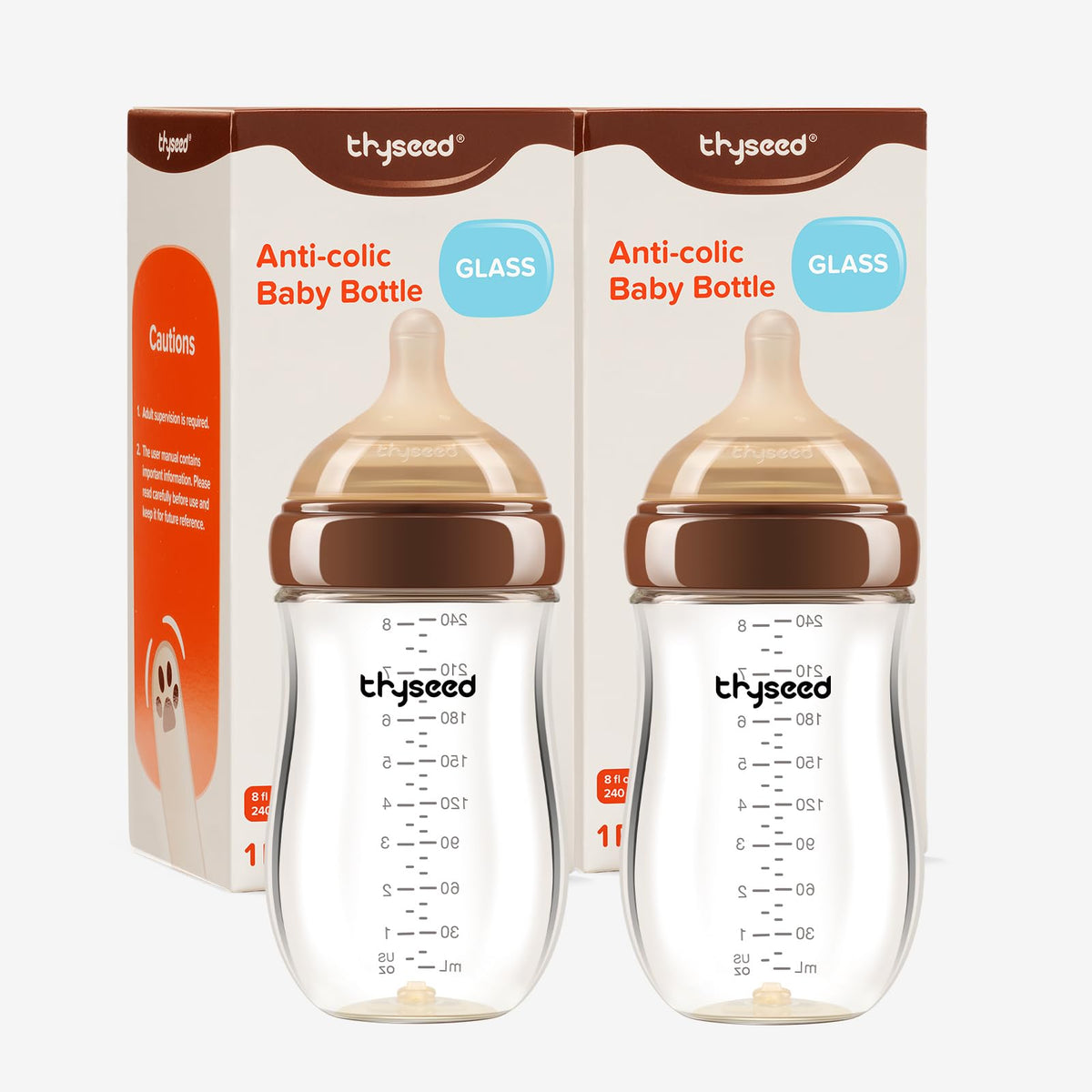 Thyseed Anti-Colic Glass Baby Bottle for Breastfed Infants, Natural Feeding, Breast-Like Newborn Medium Fast Flow Nipple (3m+), 8 oz, 1 Pack