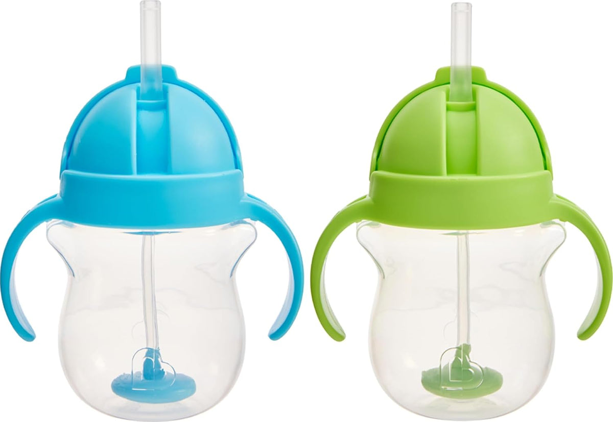 Munchkin Any Angle Sippy Cups for Toddlers, Spill Proof Weighted Straw Cup with Transition Handles for Babies 6 Months and Up, 2 Pack, Blue/Green