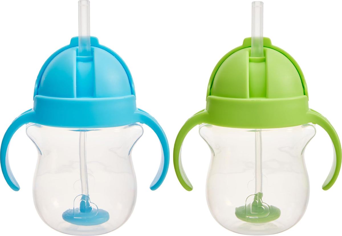Munchkin Any Angle Sippy Cups for Toddlers, Spill Proof Weighted Straw Cup with Transition Handles for Babies 6 Months and Up, 2 Pack, Blue/Green