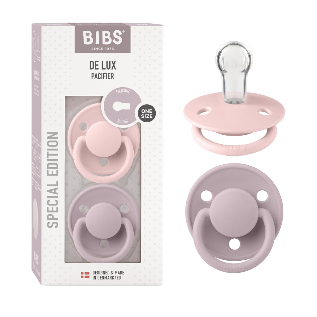 BIBS Pacifiers - De Lux Collection | BPA-Free Round Nipple | Silicone | Made in Denmark | Set of 2 Blush Night/Vanilla Night Color Premium Soothers | Size One Size