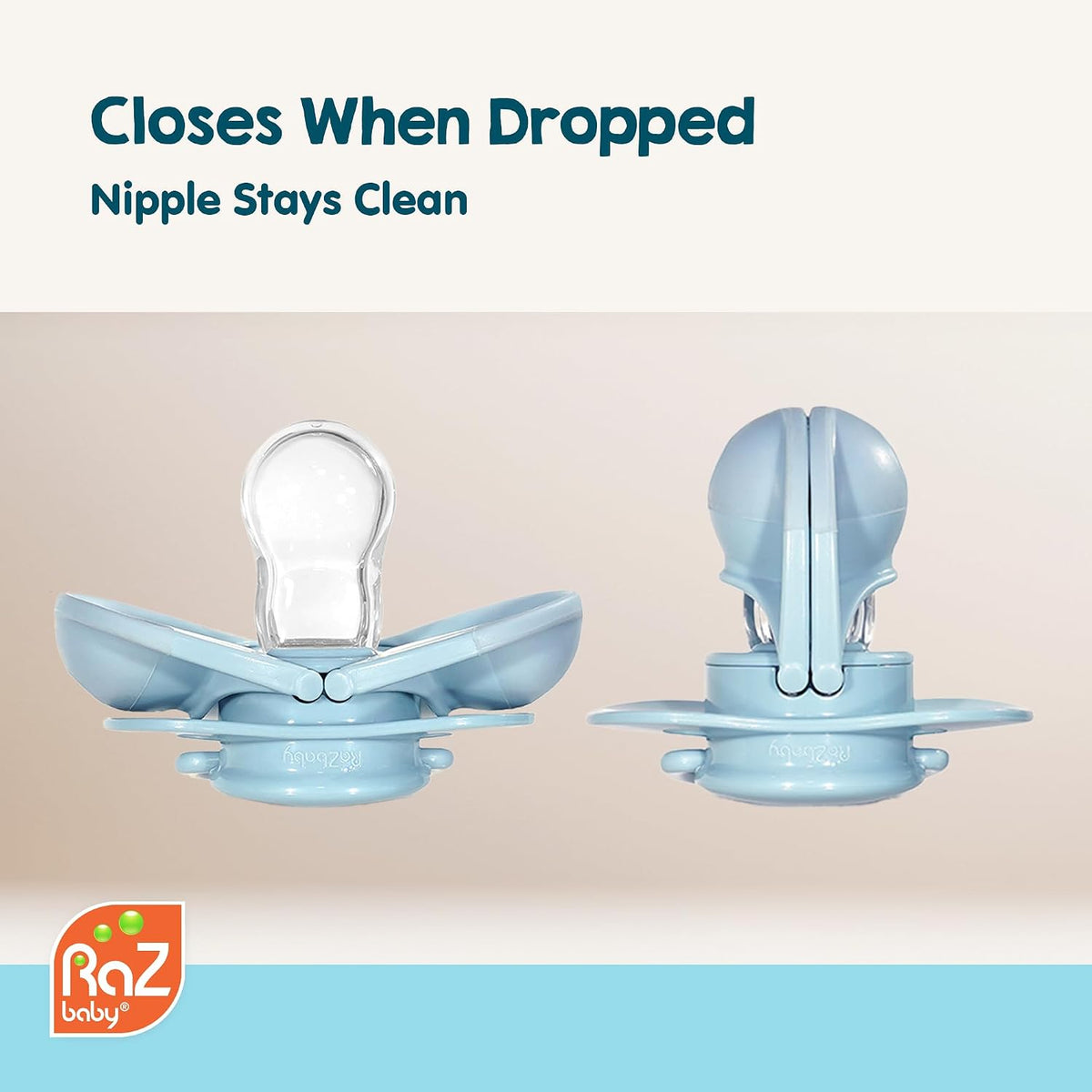 RaZbaby Keep-It-Kleen Baby Pacifier 2-Pack Closes When Dropped - BPA-Free Silicone Orthodontic Nipple, Ideal for Travel, Nipple Stays Clean, 0-36 Months - Grey/Blue