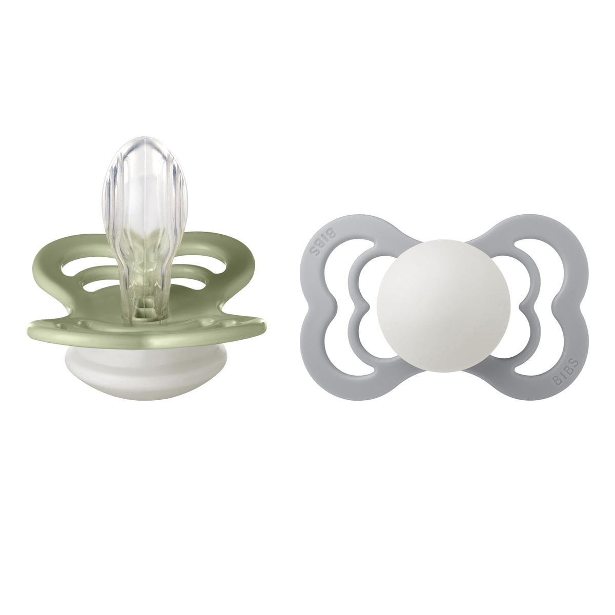 BIBS Pacifiers - Supreme Collection | Symmetrical Nipple | Silicone | Made in Denmark | Set of 2 Ivory/Sage Color Premium Soothers | Size 6-18 Months