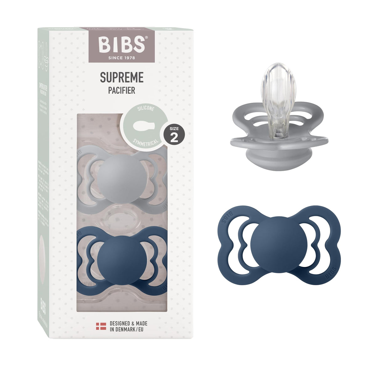 BIBS Pacifiers - Supreme Collection | Symmetrical Nipple | Silicone | Made in Denmark | Set of 2 Ivory/Sage Color Premium Soothers | Size 6-18 Months