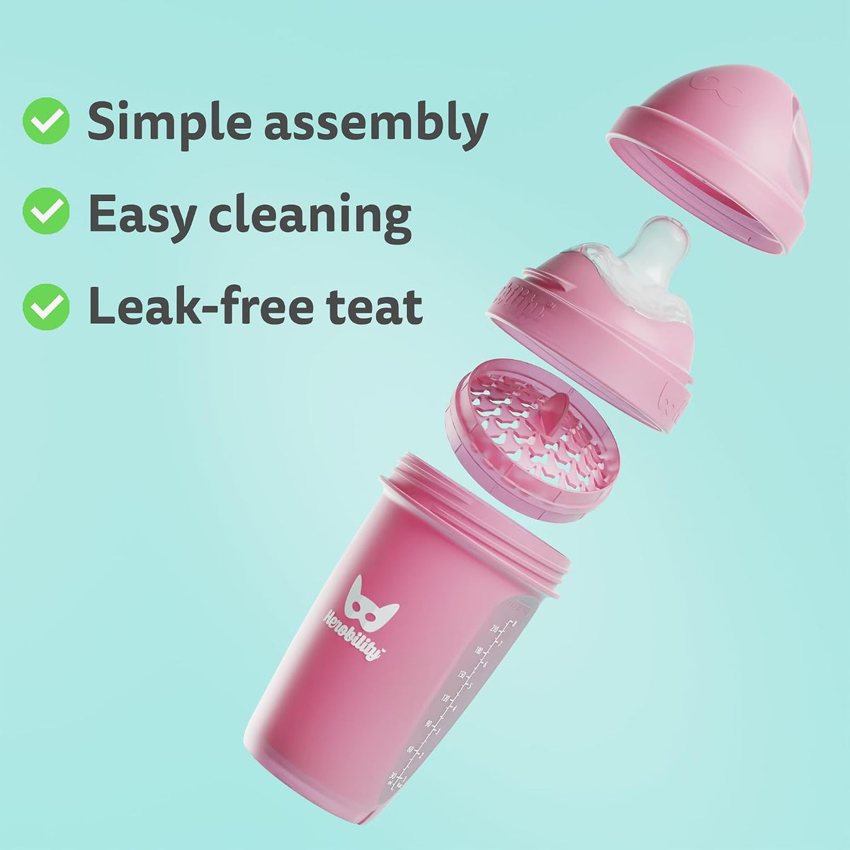 Herobility Anti-Colic Baby Bottles 8.5 fl oz/240ml - Pack of 4 Plastic Baby Bottles, Slow Flow Plastic Bottles, Breast-Shaped Teat for Breastfed Babies – Multicolor – White, Gray, Pink, Hawthorn Rose