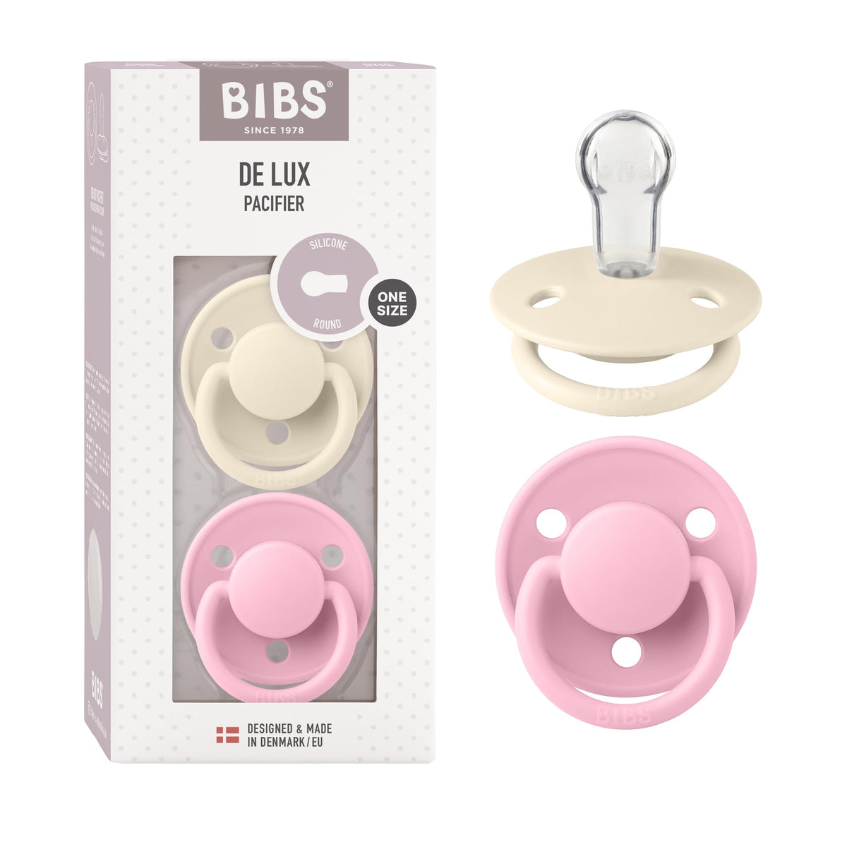 BIBS Pacifiers - De Lux Collection | BPA-Free Round Nipple | Silicone | Made in Denmark | Set of 2 Blush Night/Vanilla Night Color Premium Soothers | Size One Size